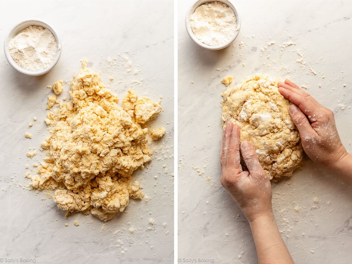 cornmeal dough on marble surface.