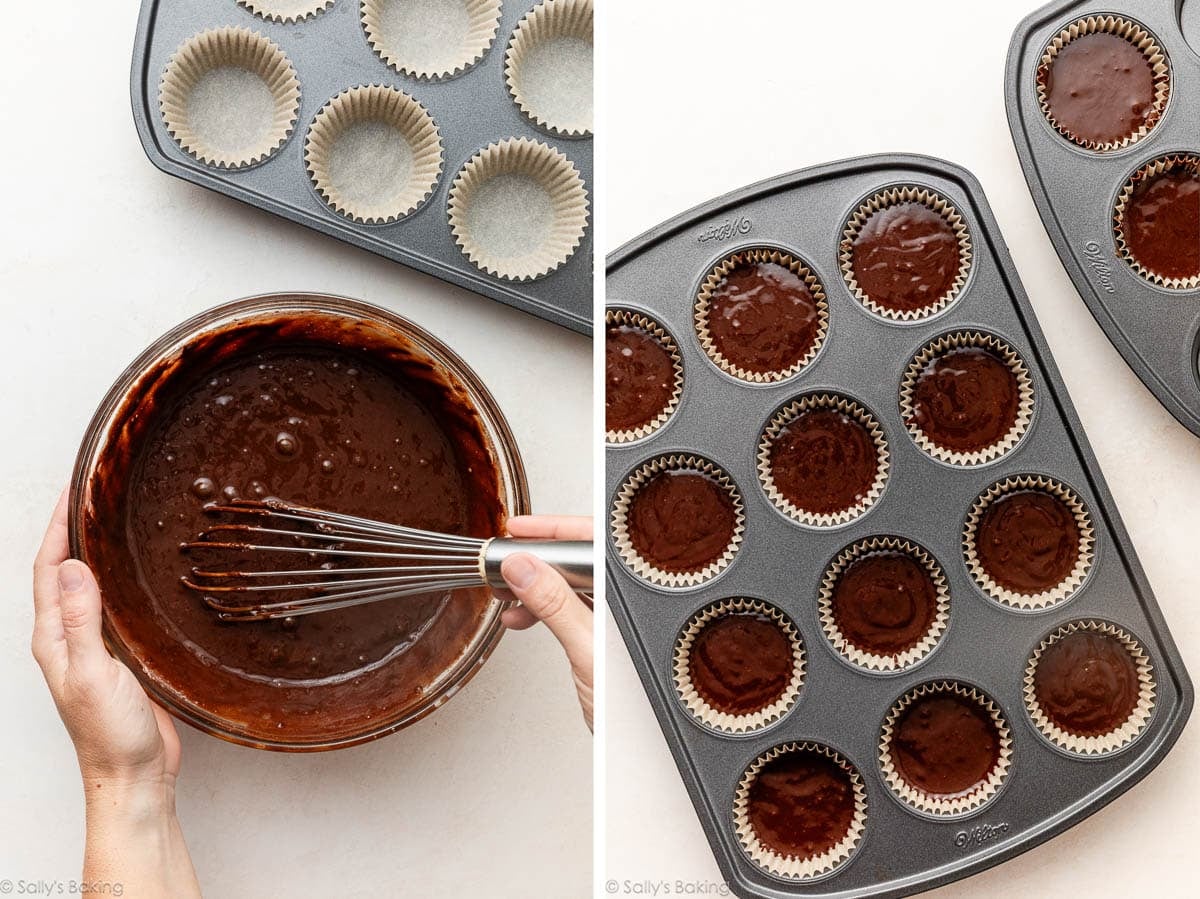 whisking chocolate batter and another image showing filled muffin pans.