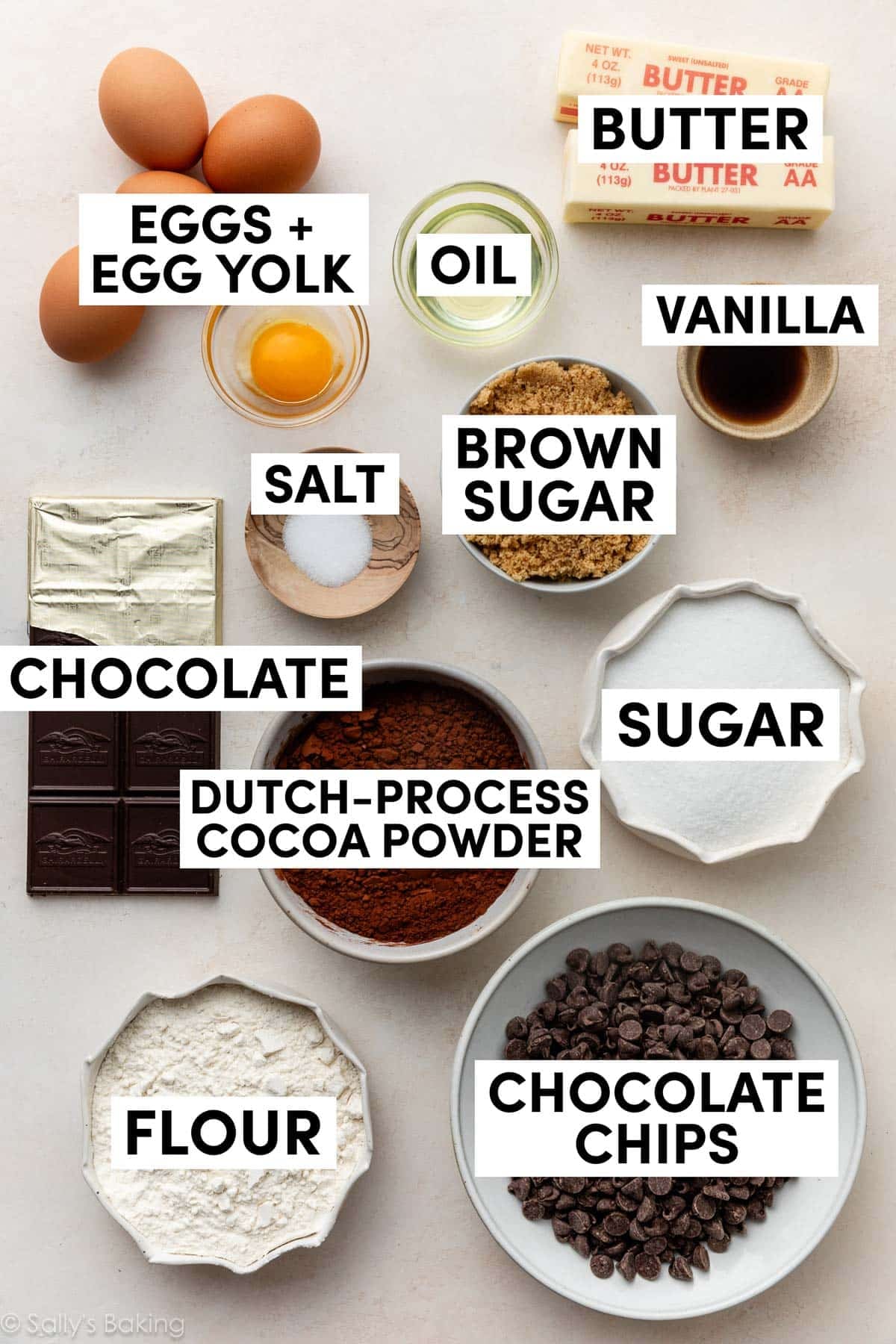 ingredients in bowls including chocolate chips, sugar, cocoa powder, brown sugar, and vanilla.
