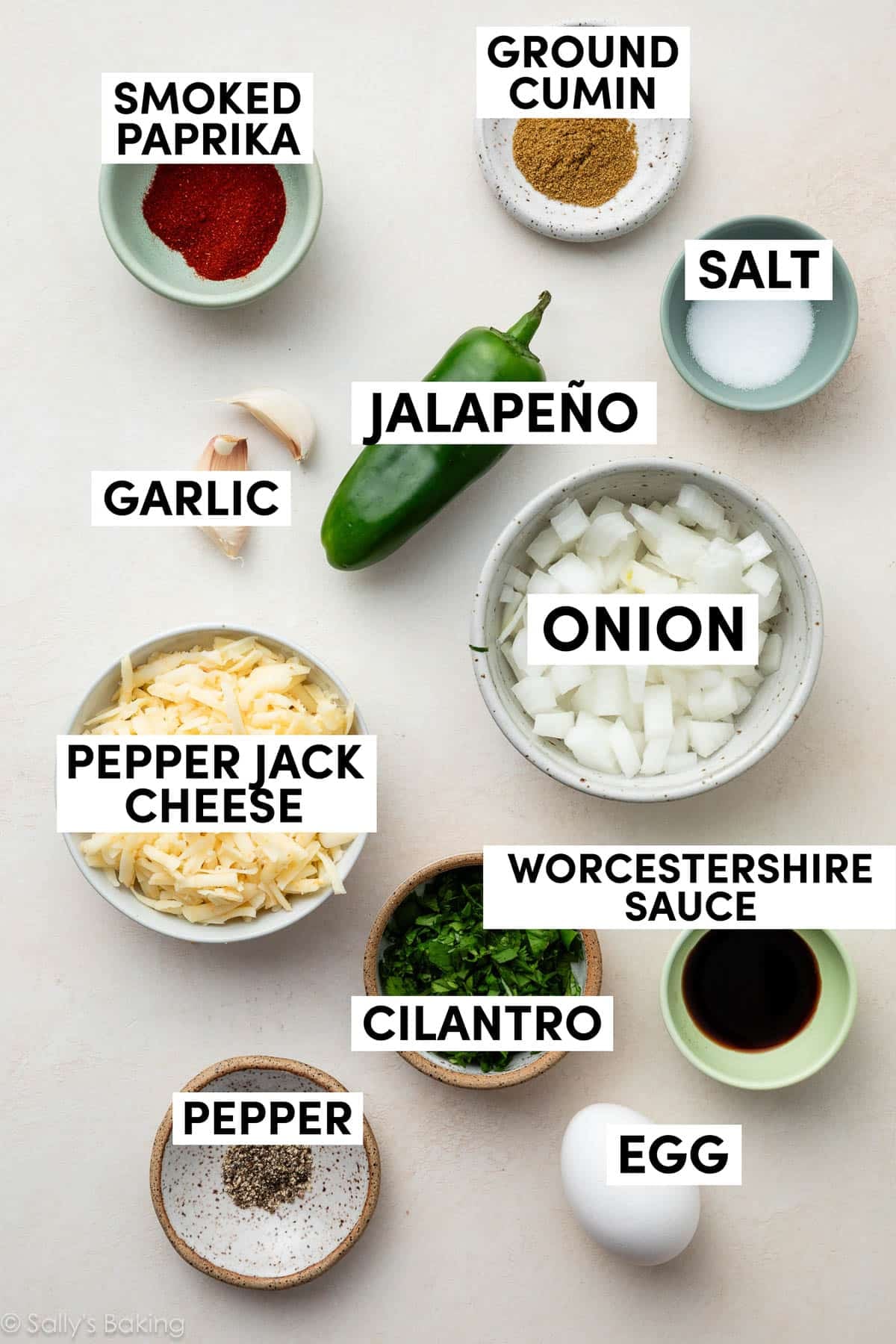 ingredients measured in bowls including cheese, chopped onion, cumin, pepper, and garlic.