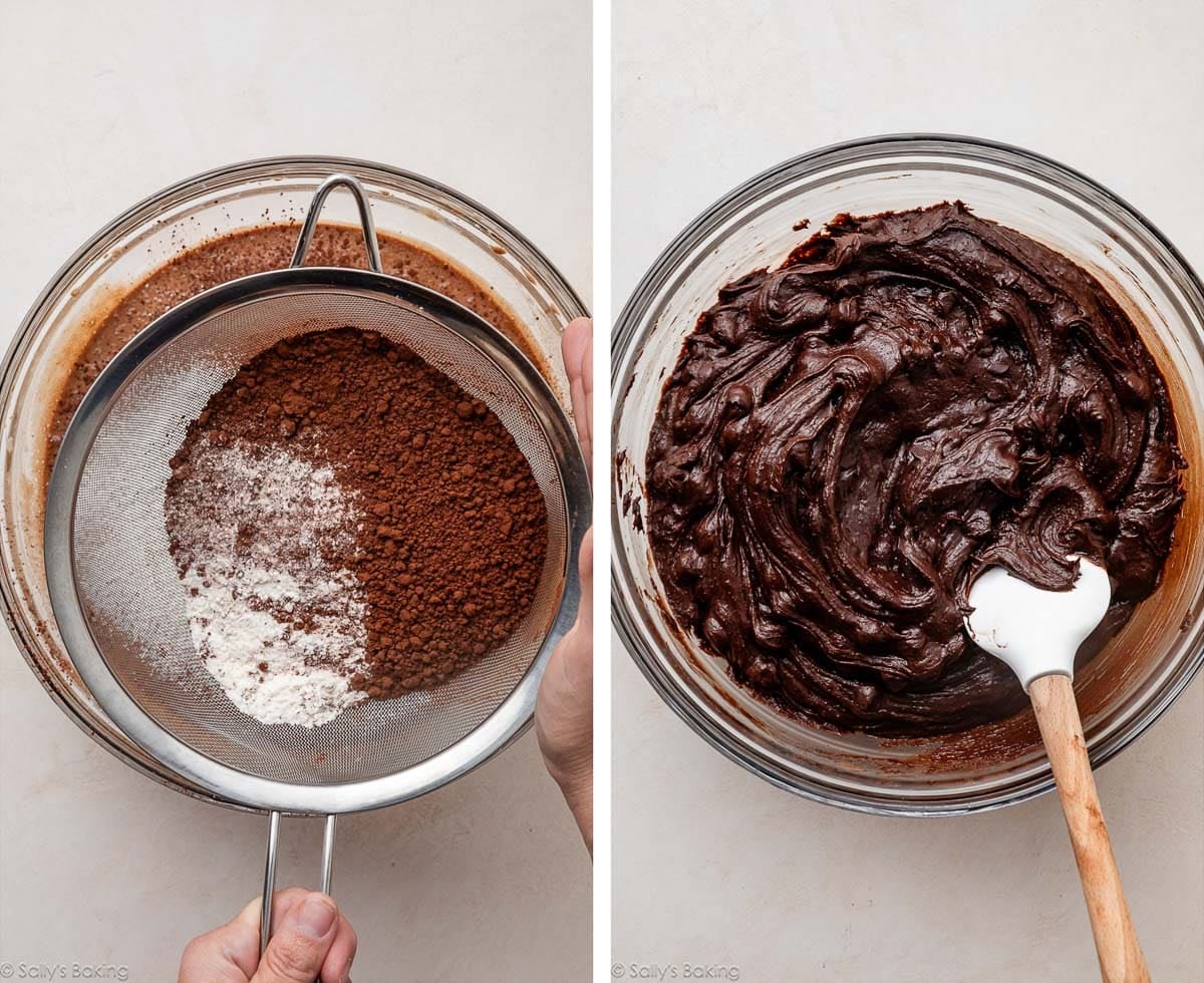 sifting flour and cocoa powder into bowl and shown again mixed as brownie batter.