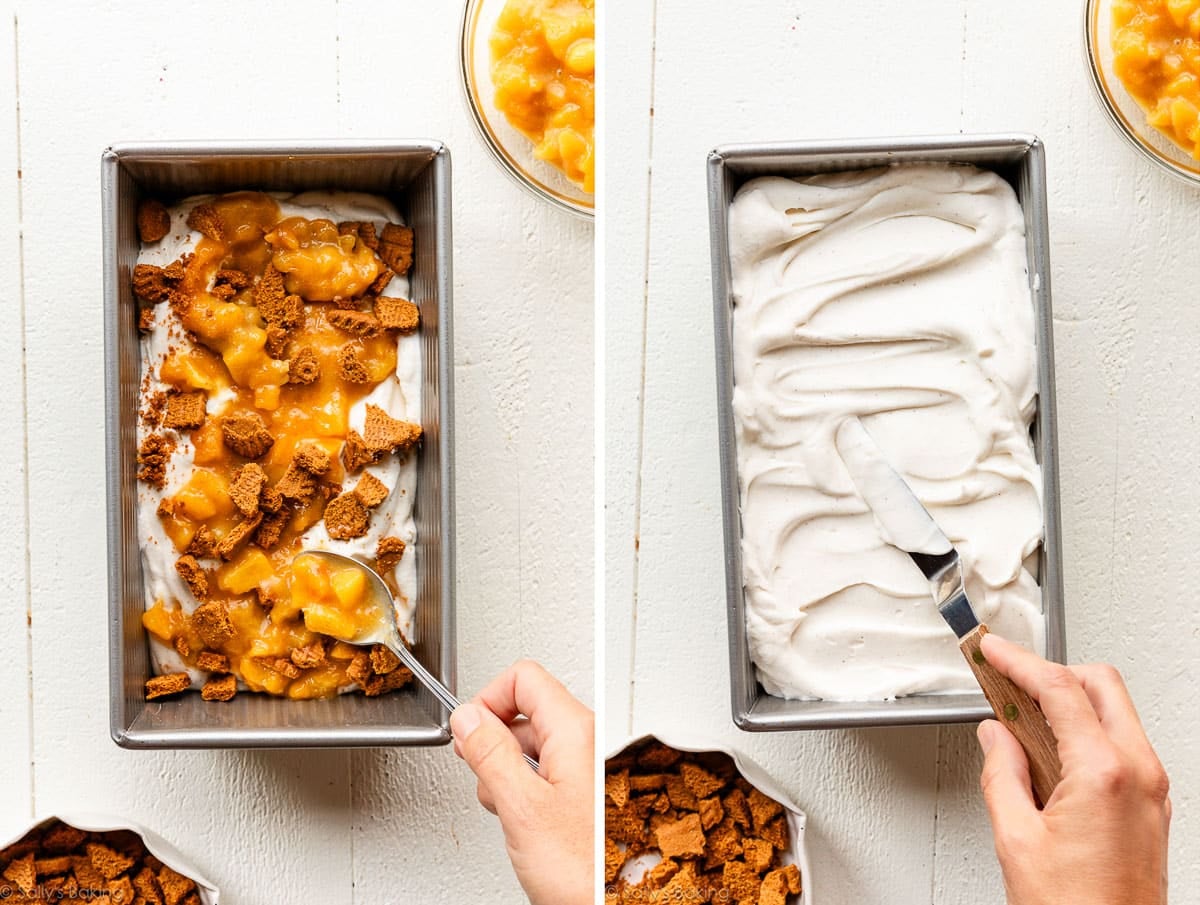 layering peaches and cream base into loaf pan.