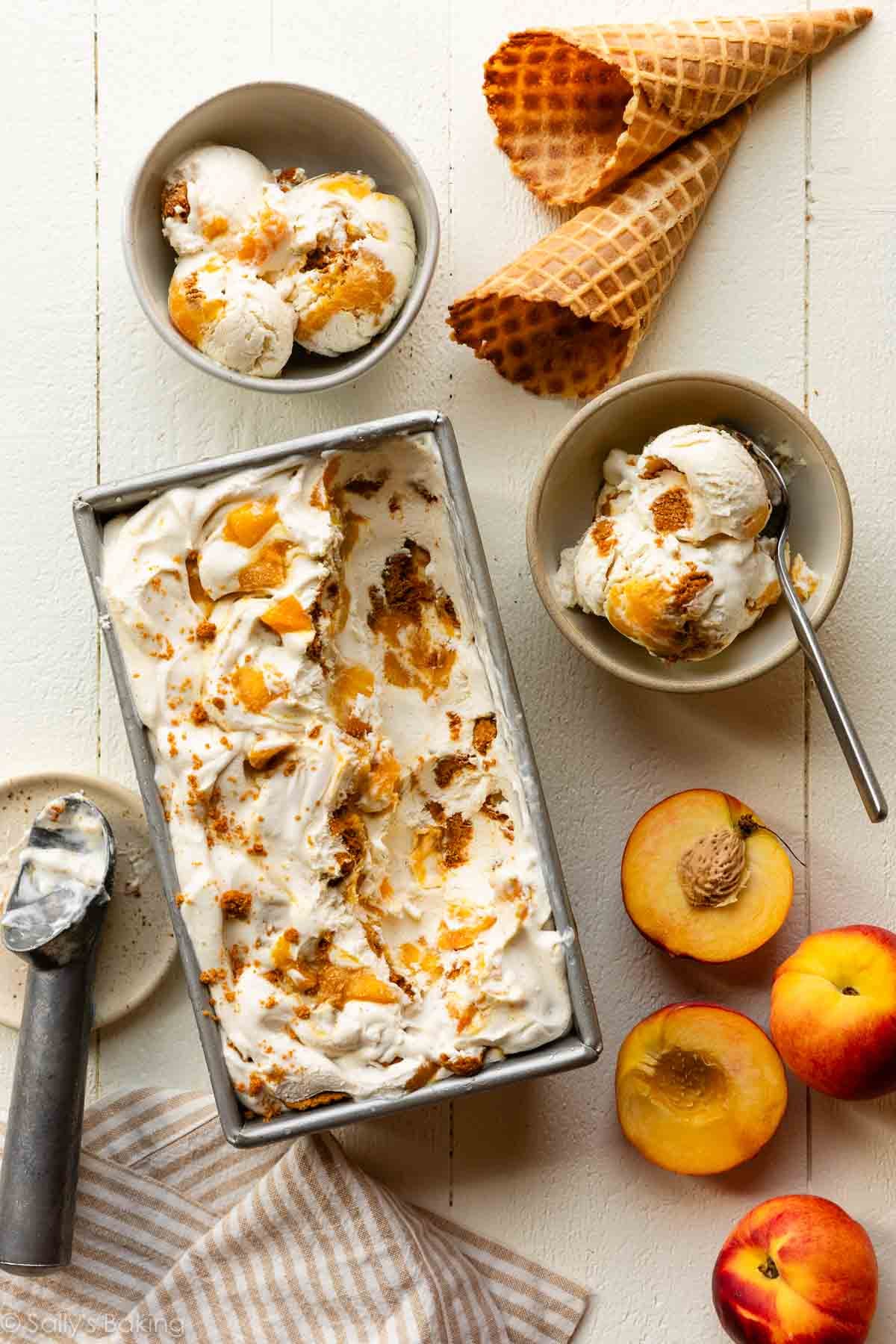 peach cheesecake ice cream in loaf pan and bowls.