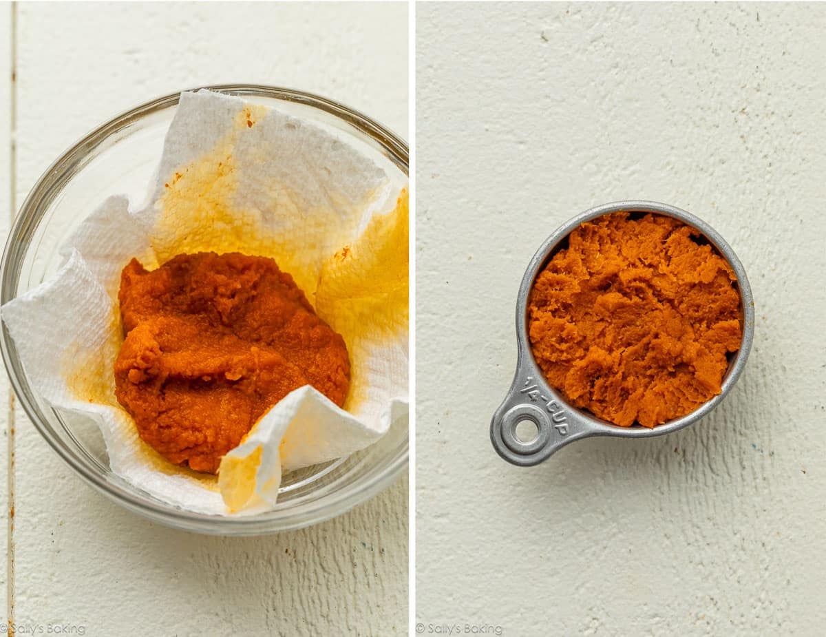 Pumpkin puree before and after blotting.